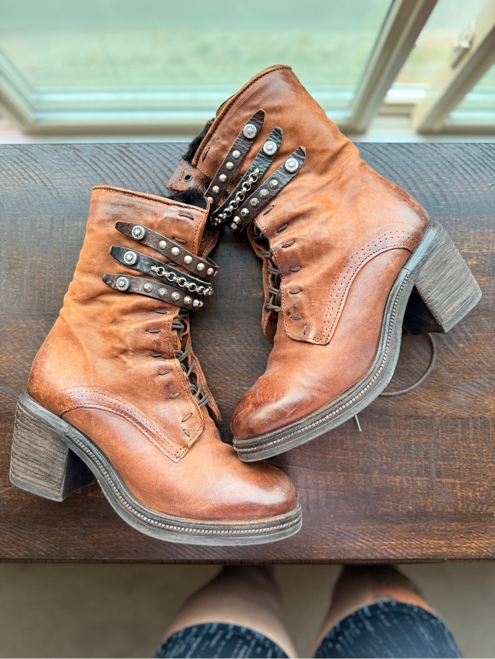 AS98 Fleece-Lined Women’s Brown Leather Studded Lace-Up Ankle Boots 38/8 - Picture 2 of 9